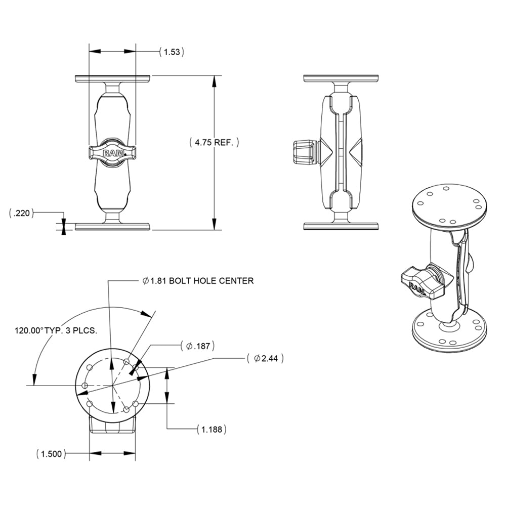RAM Mount 1 Ball Double Socket Arm w2 25 Round Bases  AMPS Hole Pattern RAMB101U
