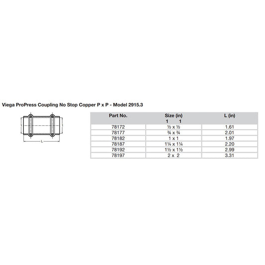 Viega ProPress 12 Copper Coupling wo Stop Double Press Connection Smart Connect Technology 78172