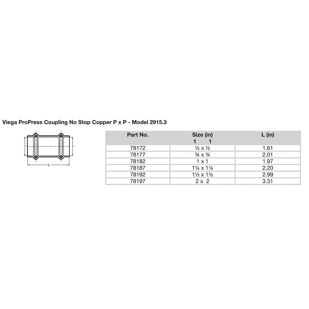 Viega ProPress 1 Copper Coupling wo Stop Double Press Connection Smart Connect Technology 78182
