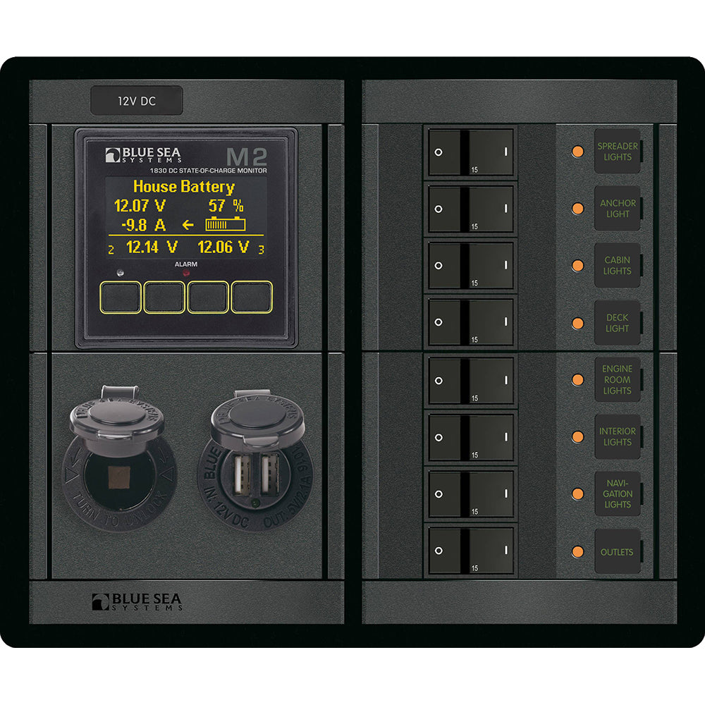 Blue Sea 1497 360 Panel 8 Position 12V Flat Rocker M2 Multimeter wSOC Dual USB12V Socket 1497