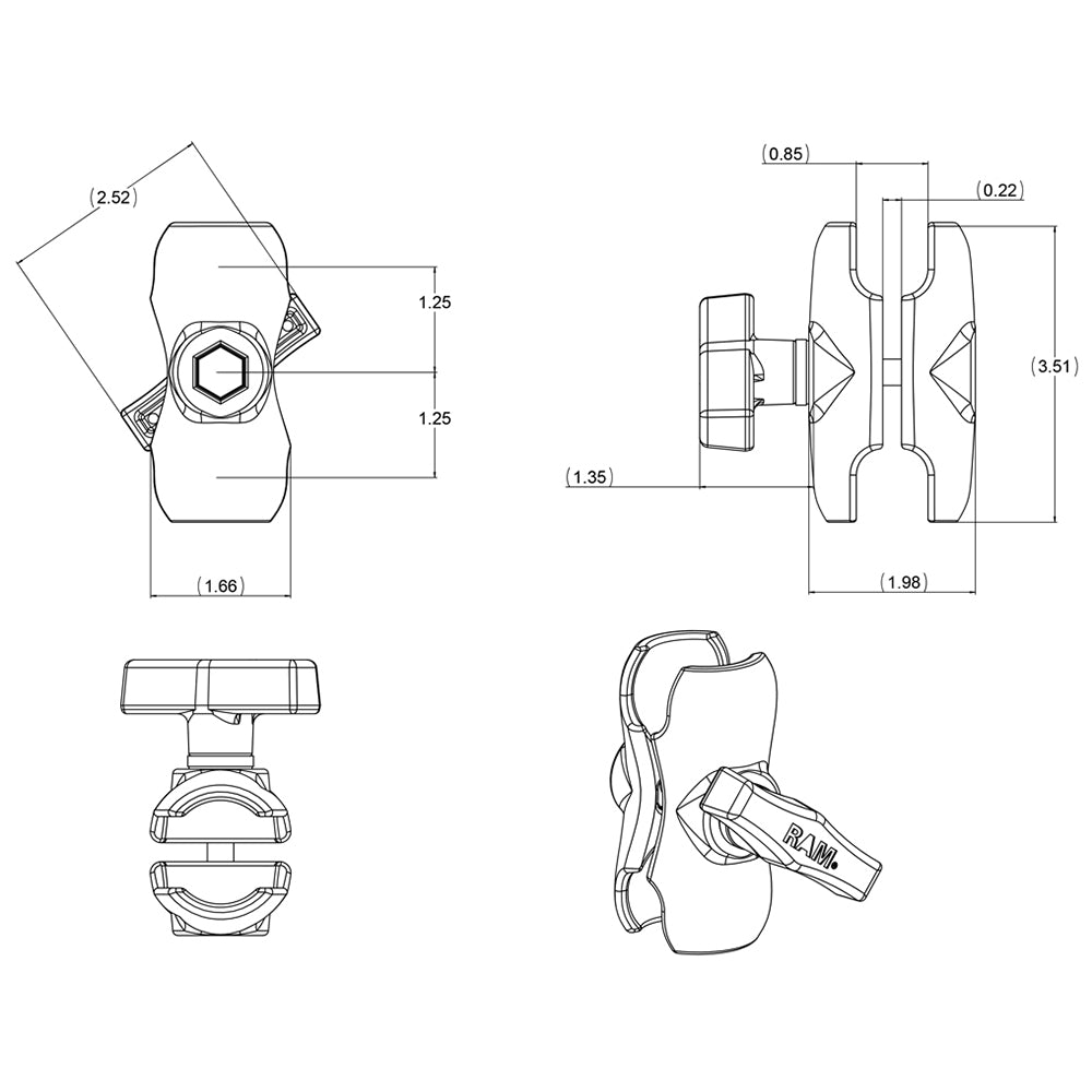 RAM Mount Short Double Socket Arm f15 Ball RAM201UB