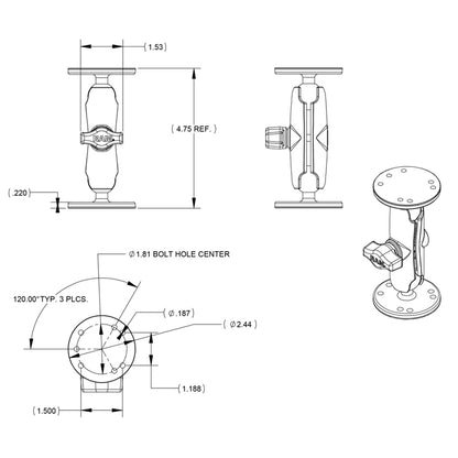 RAM Mount 1 Ball Double Socket Arm w2 25 Round Bases  AMPS Hole Pattern RAMB101U