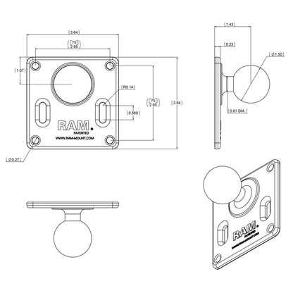 RAM Mount 75mm x 75mm VESA 3625 Plate w15 Diameter Ball RAM2461U