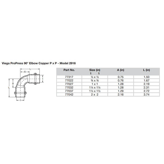 Viego ProPress 34  90 Copper Elbow  Double Press Connection  Smart Connect Technology 77022