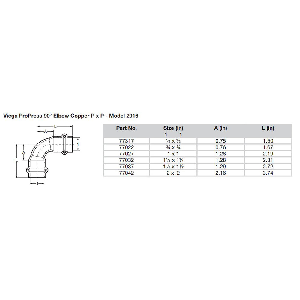 Viega ProPress 1  90 Copper Elbow  Double Press Connection  Smart Connect Technology 77027