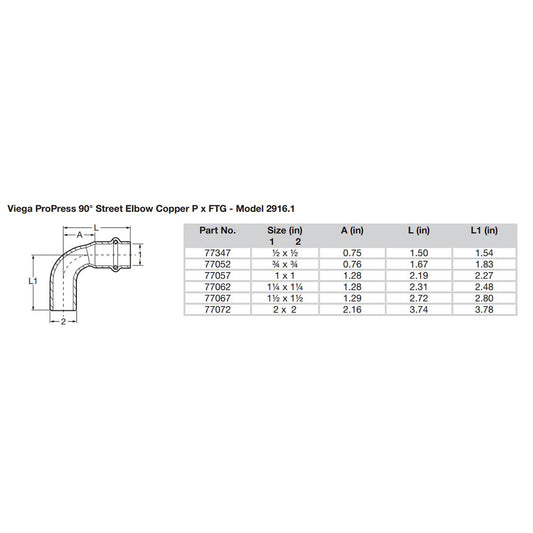 Viega ProPress 2 90 Copper Elbow StreetPress Connection Smart Connect Technology 77072