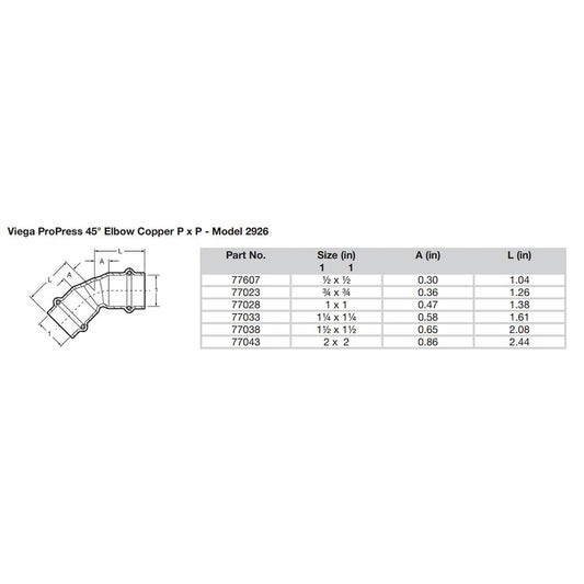 Viega ProPress 34  45 Copper Elbow  Double Press Connection  Smart Connect Technology 77023