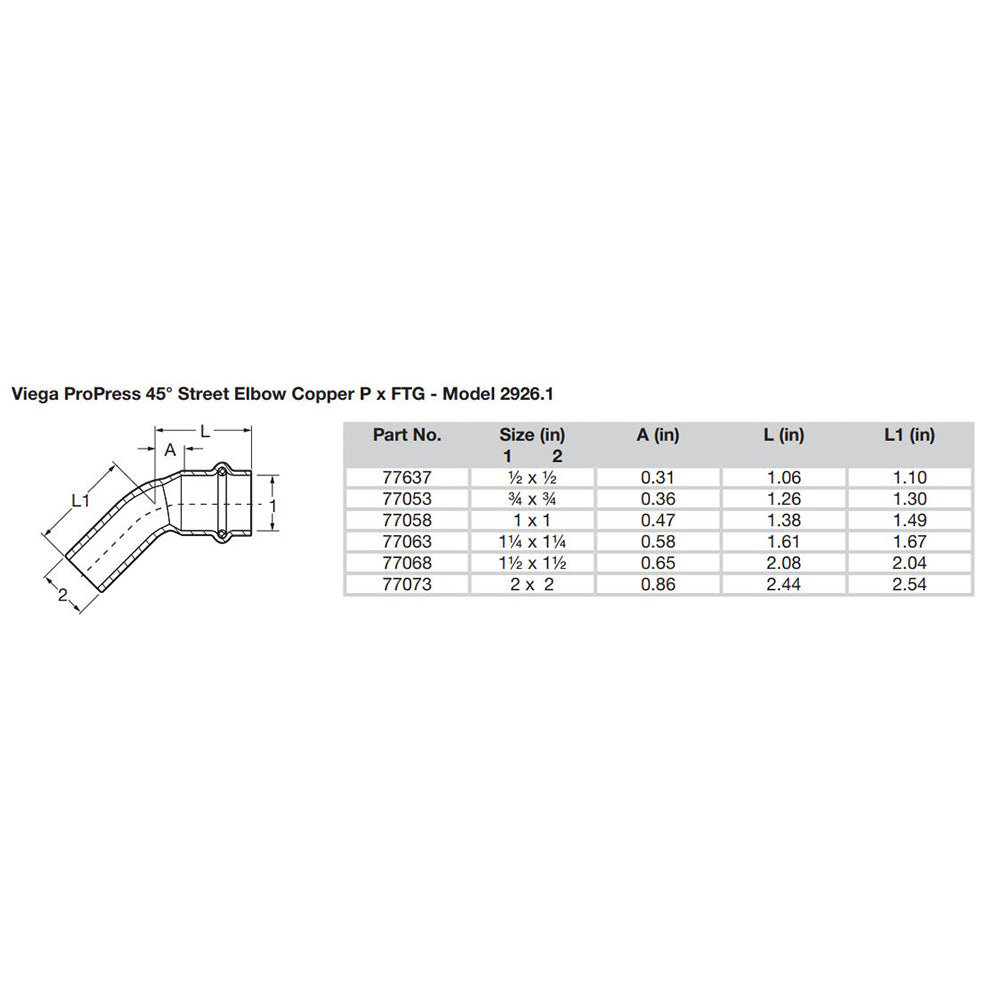 Viega ProPress 112  45 Copper Elbow  StreetPress Connection  Smart Connect Technology 77068
