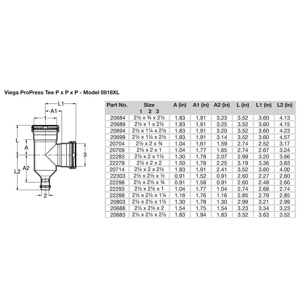 Viega ProPress 212 Copper Tee  Triple Press Connection  Smart Connect Technology 20683