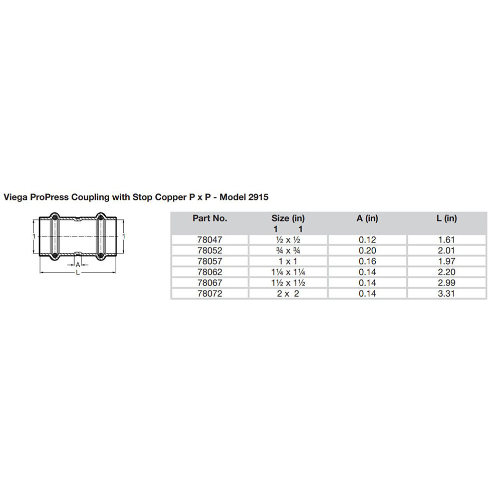 Viega ProPress 2 Copper Coupling wStop  Double Press Connection  Smart Connect Technology 78072