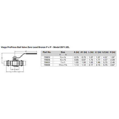 Viega ProPress 12 Zero Lead Bronze Ball Valve wStainless Stem  Double Press Connection  Smart Connect Technology 79923