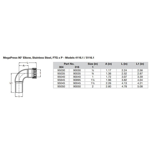 Viega MegaPress 12 90 Stainless 304 Elbow  StreetPress Connection  Smart Connect Technology 95030