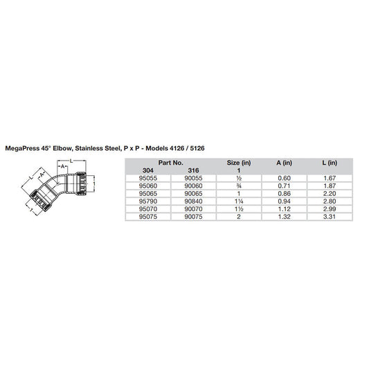 Viega MegaPress 1 45 Stainless Steel 304 Elbow  Double Press Connection  Smart Connect Technology 95065