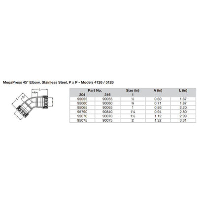 Viega MegaPress 112 45 Stainless Steel 304 Elbow  Double Press Connection  Smart Connect Technology 95070
