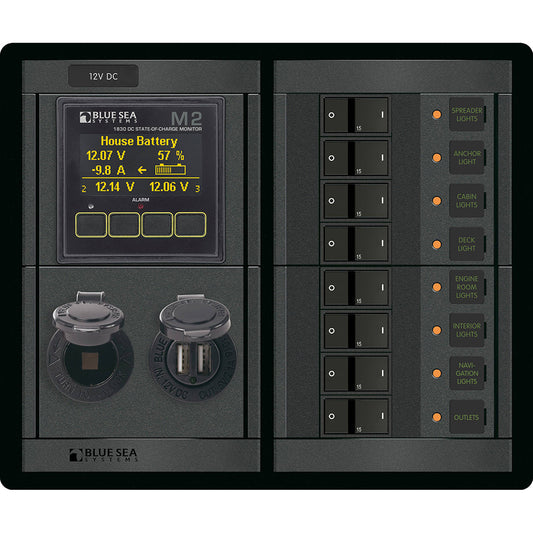 Blue Sea 1497  360 Panel  8 Position 12V Flat Rocker M2 Multimeter wSOC  Dual USB12V Socket 1497